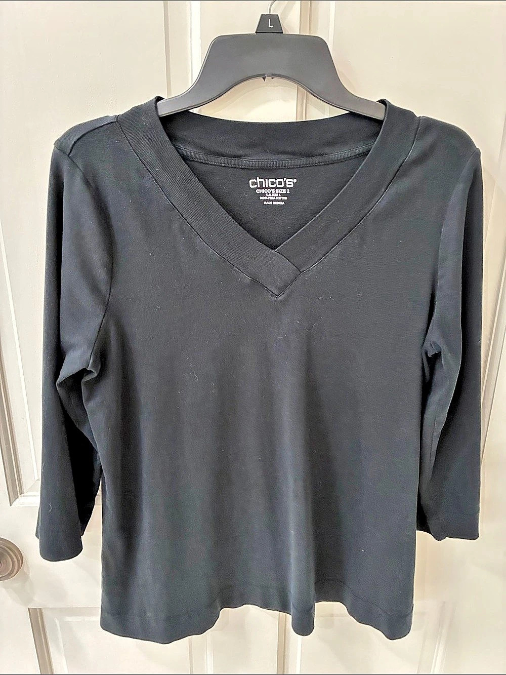 Chico's Pima V-Neck Tee Black Long Sleeve Size 2